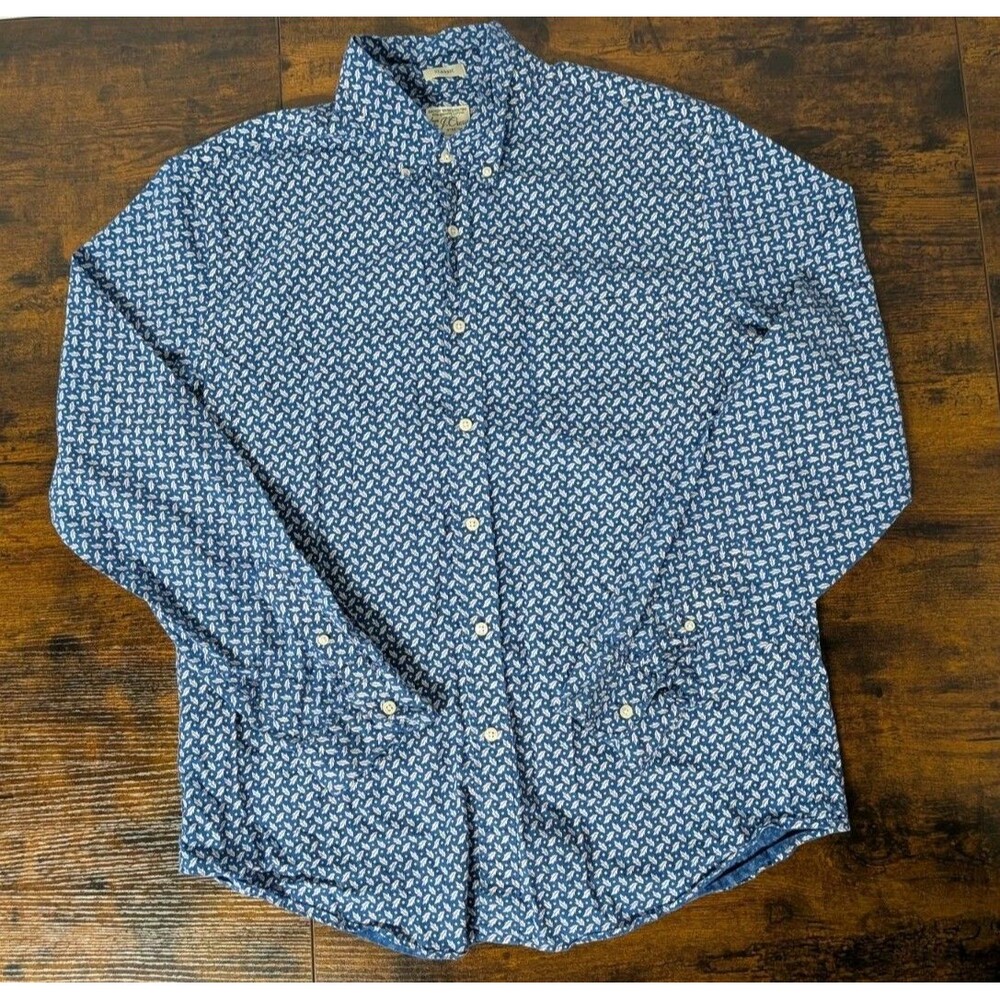 J. Crew Secret Wash Shirting‎ Shirt Floral Leaf Pattern Large Blue Mens Preppy - Picture 2 of 10